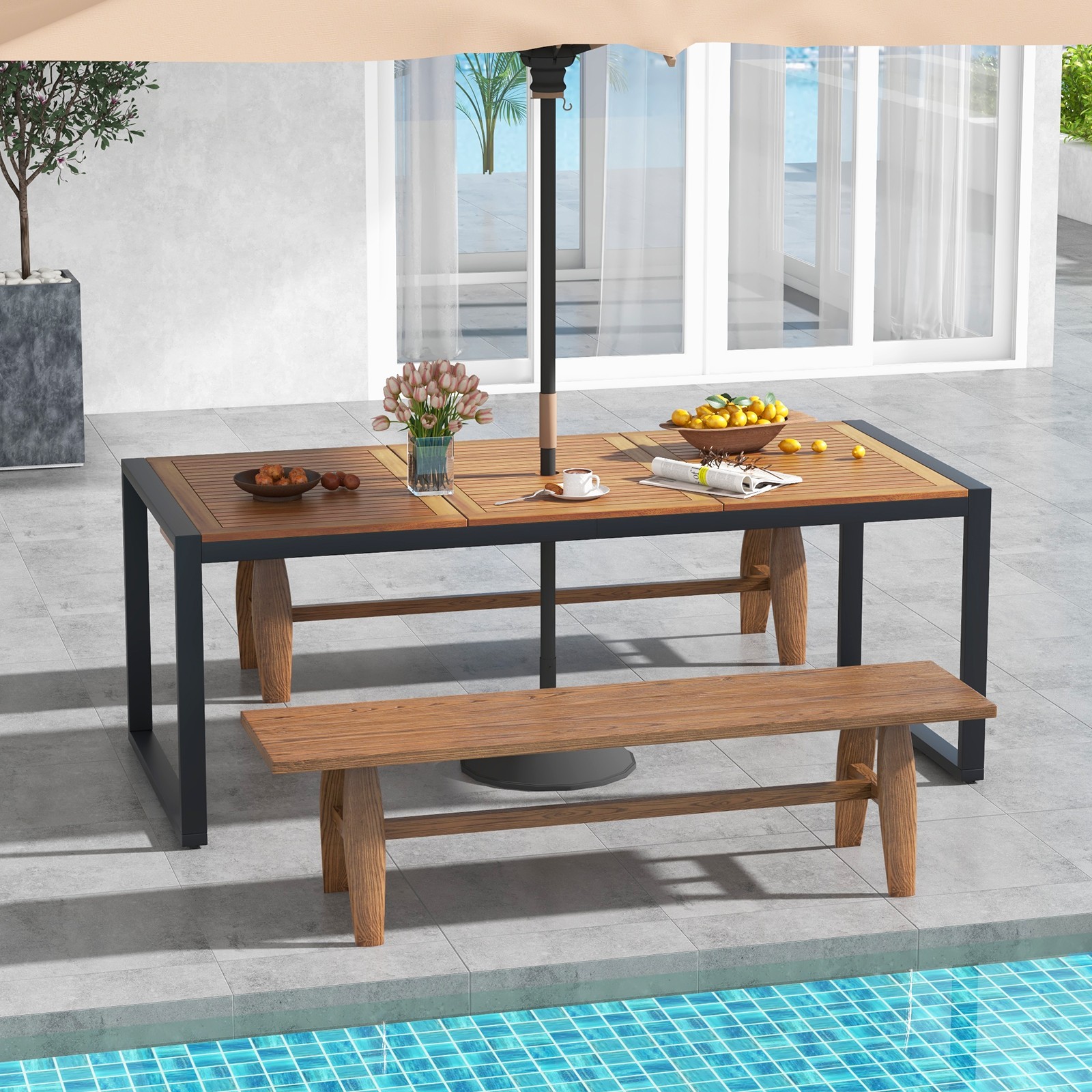 79" Acacia Wood 8-Person Patio Table w/ 1.9" Umbrella Hole, Adjustable Foot Pads