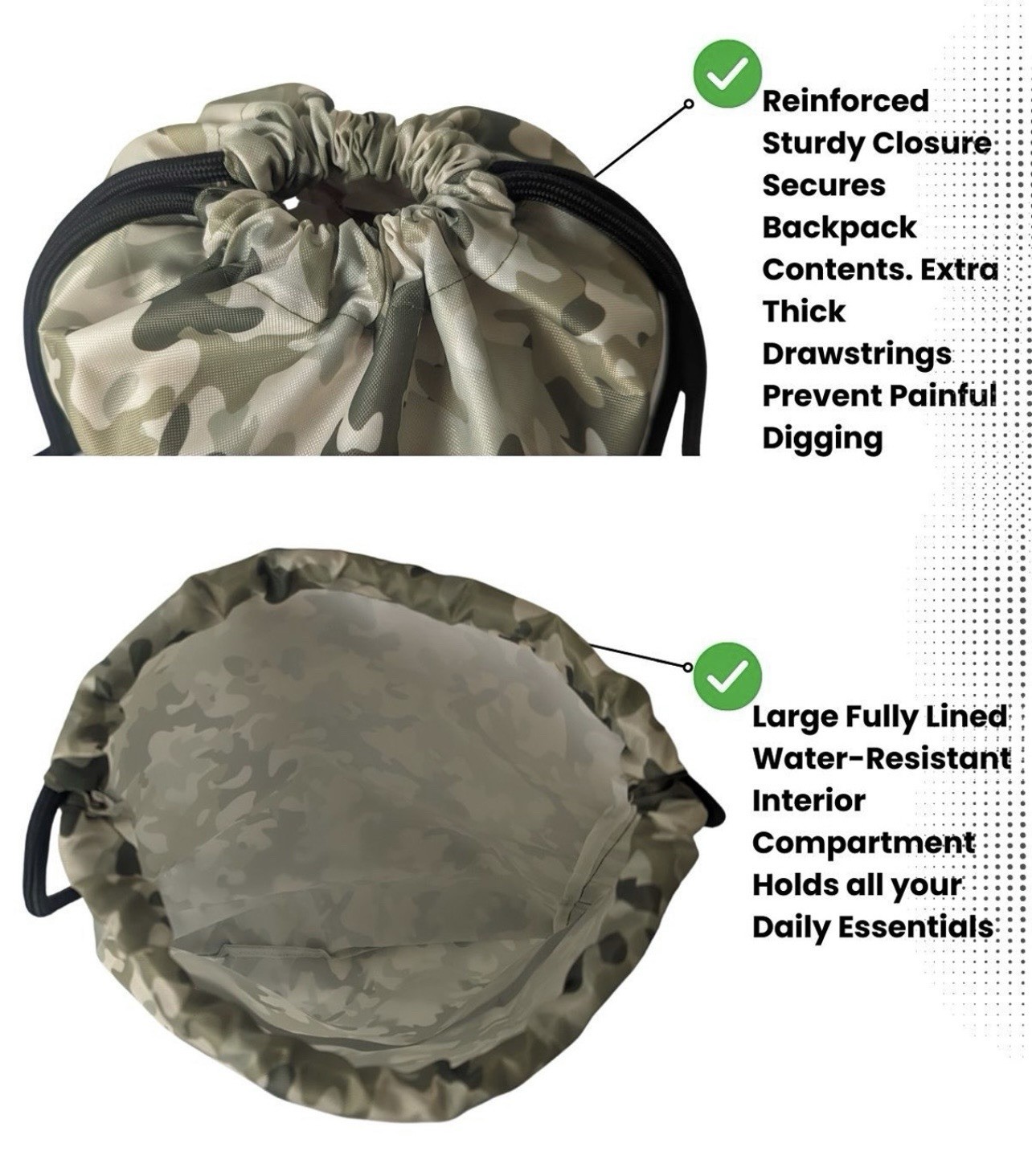 Camo Drawstring Backpack Gym Bag Water Resistant Sackpack w/Zipper Pocket NWOT