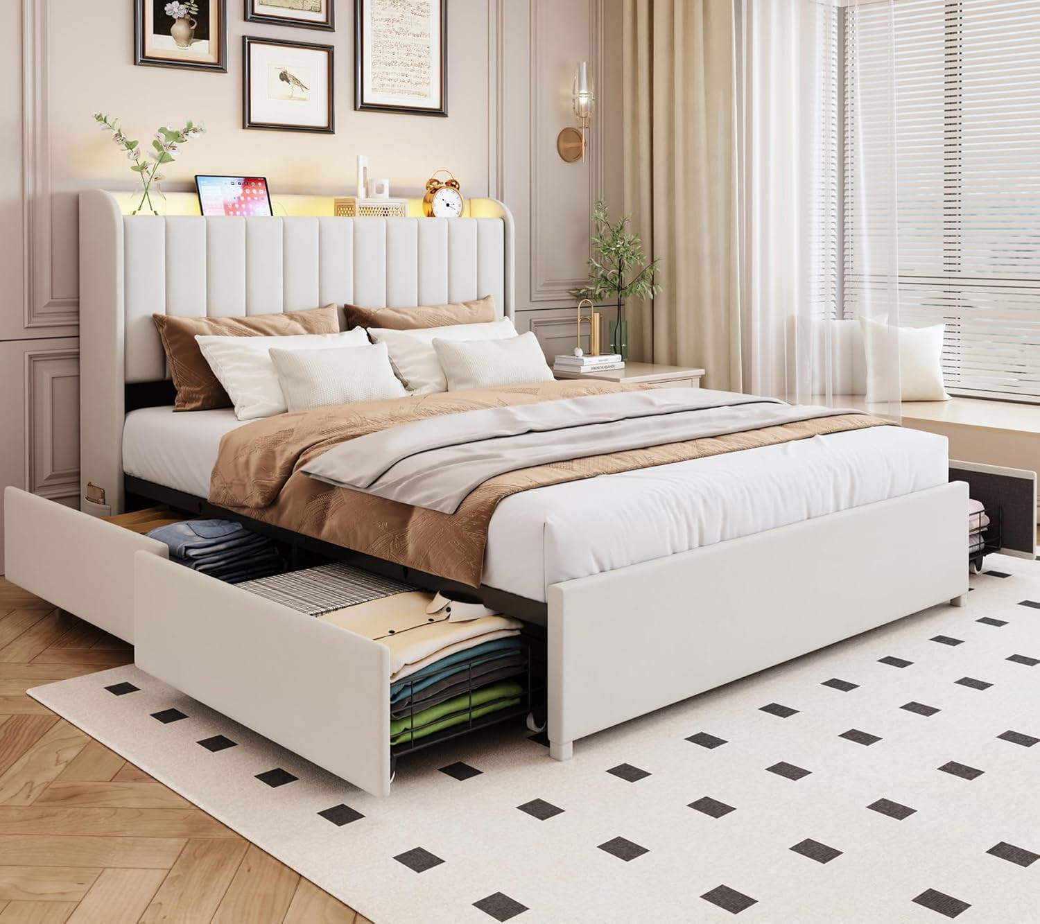 Full Bed Frame with 4 Drawers and Storage Headboard, Upholstered Platform Bed Fr