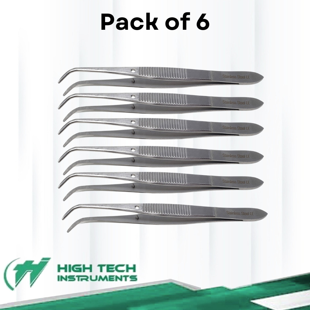 6 PCS STAINLESS STEEL FULL CURVED IRIS EYE DRESSING SERRATED  FORCEPS 4"