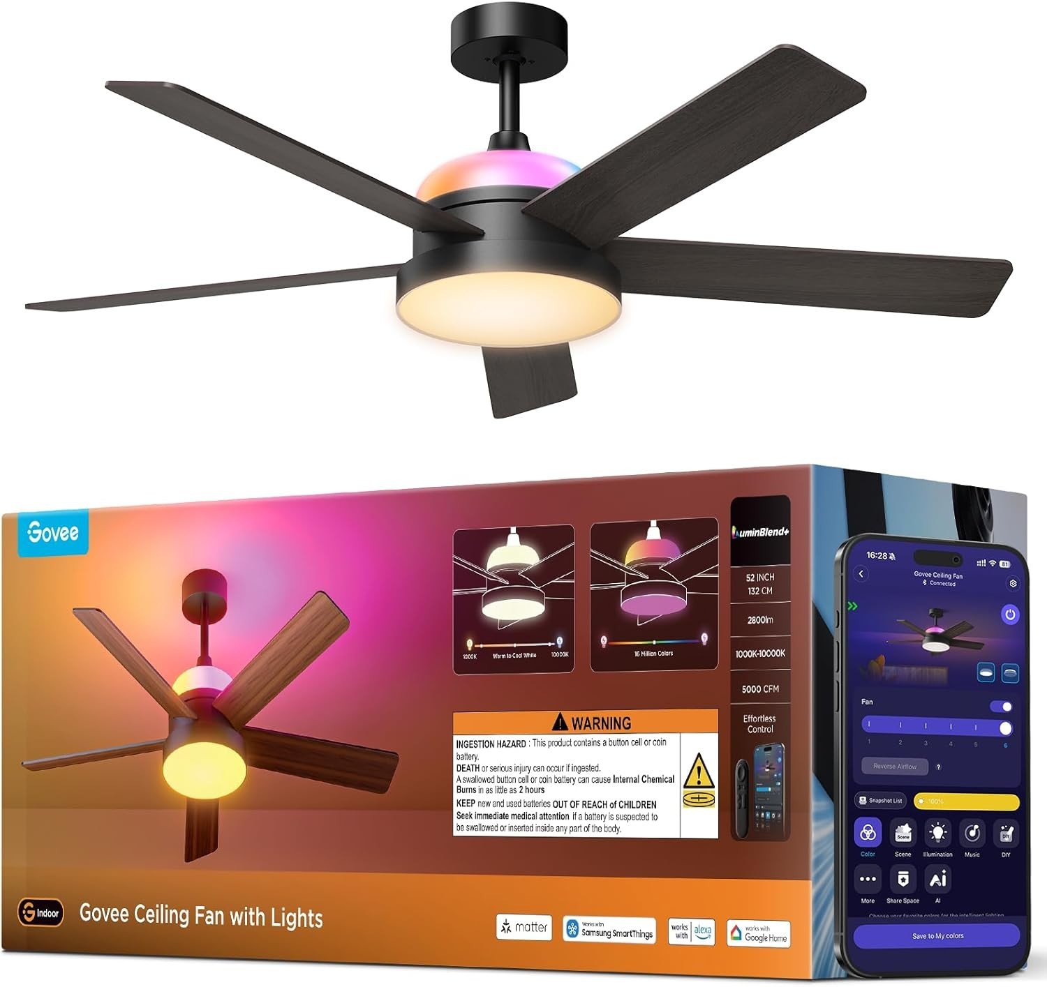 Govee 52'' Smart RGBIC Ceiling Fan w/ Lights Remote Low Profile Dimmable Black