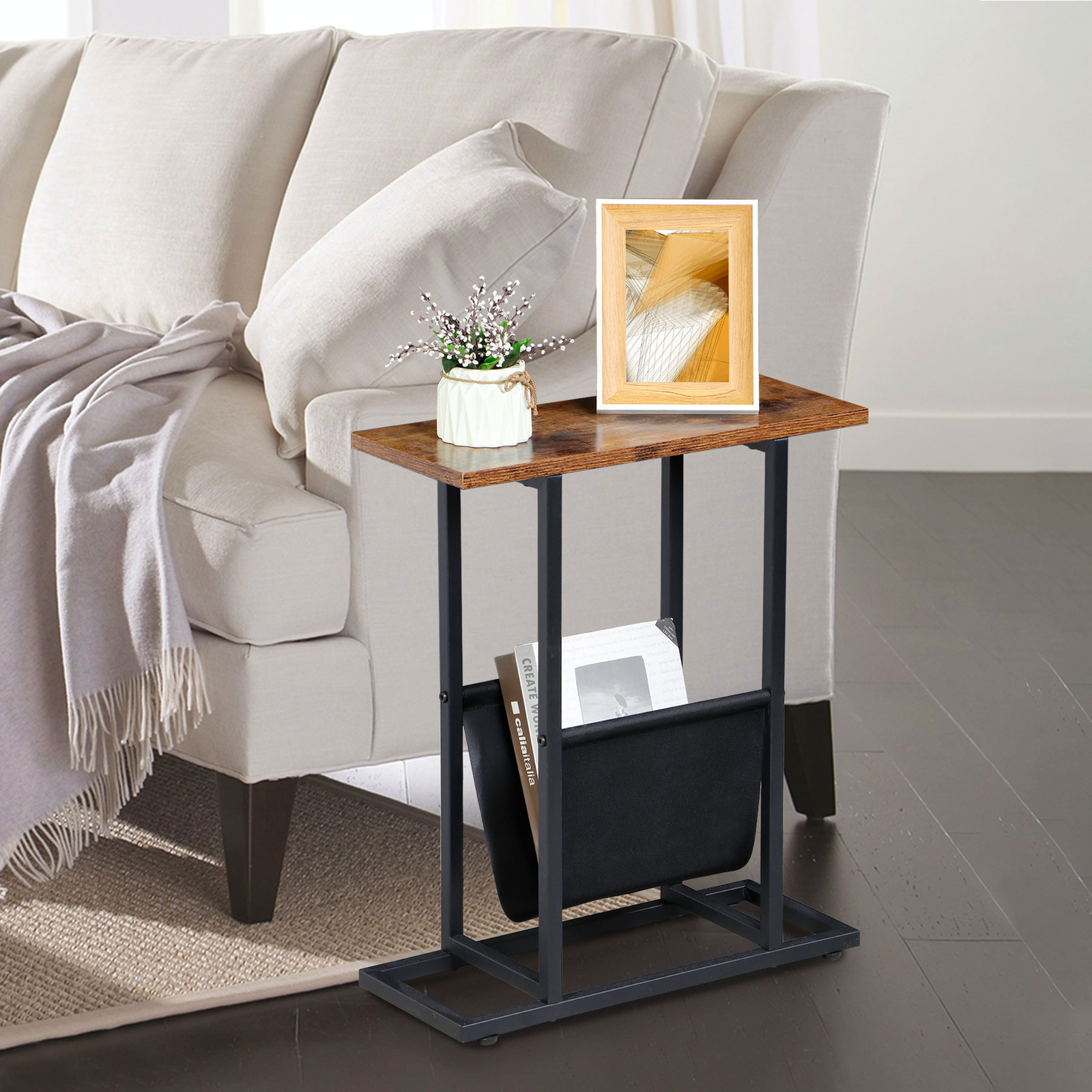 2PCS Narrow Sofa Side End Table Snack Bedside Table Storage Holder Rustic Brown