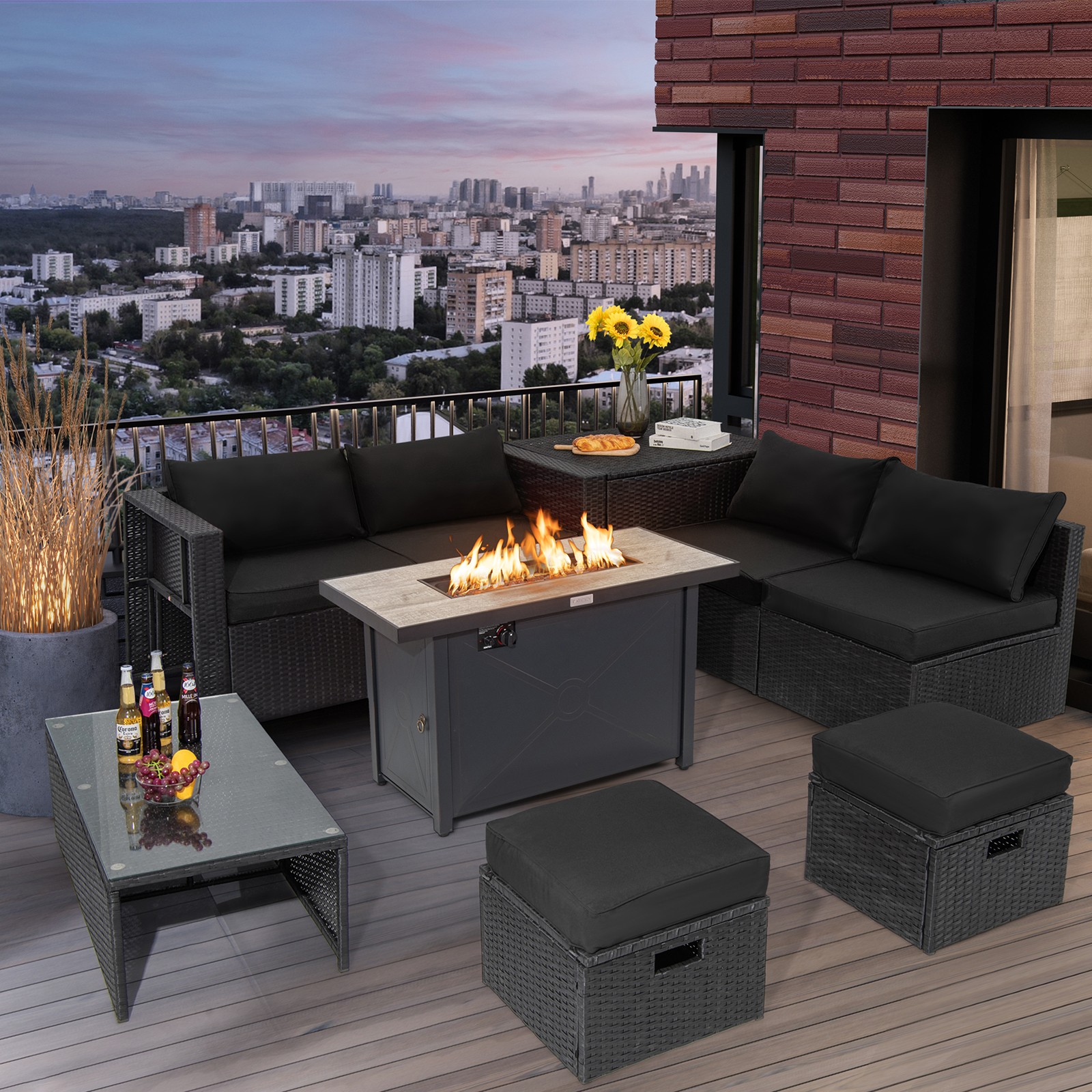 Patio 9PCS Rattan Furniture Set Space Saving 42” Fire Pit Table Cover Black