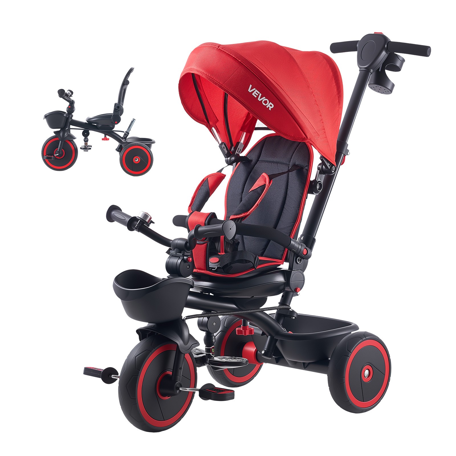 VEVOR Toddler Tricycle with Push Handle 6-in-1 Kids Trike for Age 1-5 Red/Black