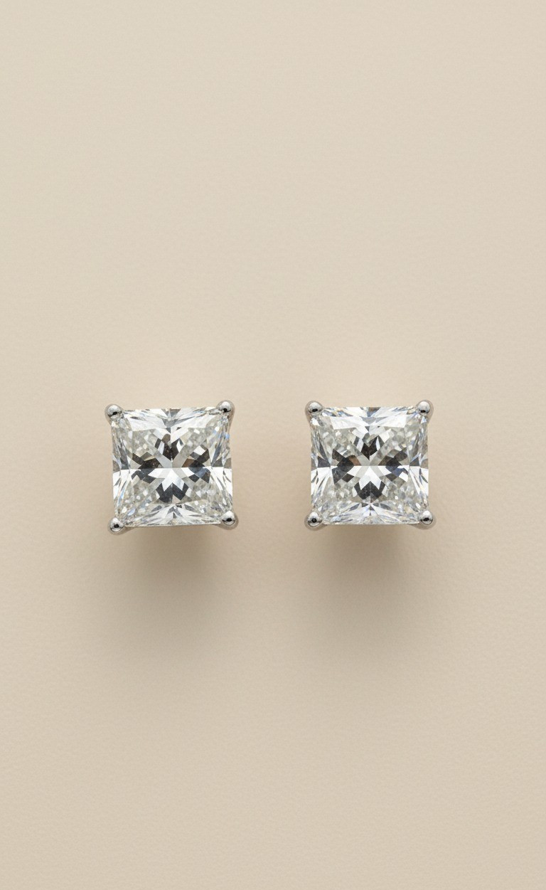3.00 CTTW Princess cut Lab grown diamonds stud Earring  set in 14K White Gold