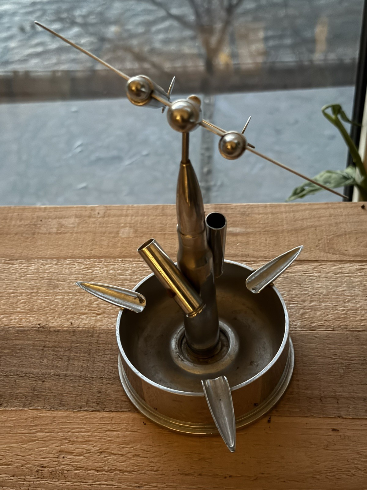 WWII 1943 Trench Art Desk Model – 25 Pounder Shell Base with Aircraft / Ashtray