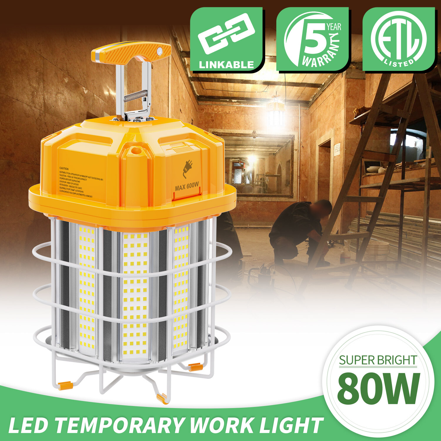 80W LED Temporary Work Light Industrial Construction Lights Linkable Lamp 5000K