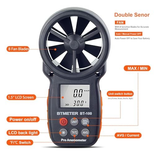 BT-100 Handheld Anemometer, Digital Wind Speed CFM Meter BT-100 Anemometer