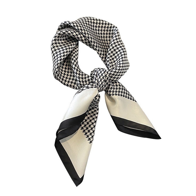 100% Silk Scarf Women White Black Houndstoo Kerchief Square Bandana Wrap 68*68cm