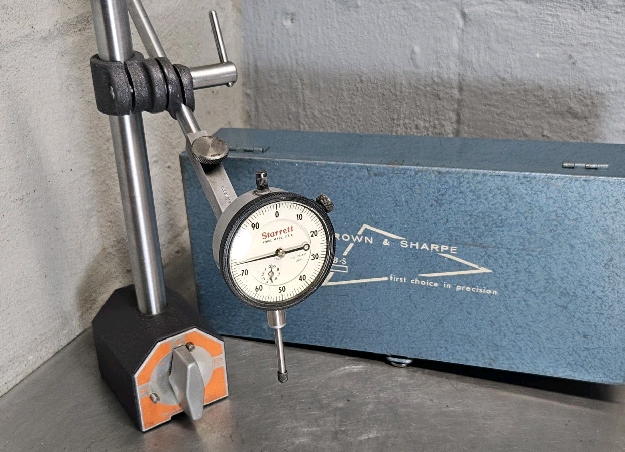 Starrett No. 25-441  1" dial indicator w/ Brown and Sharpe magnetic base + case