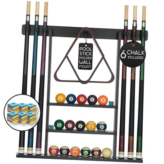Pool Cue Rack - Pool Stick Holder Wall Mount With 16 Ball Holders 3 Shelf Black