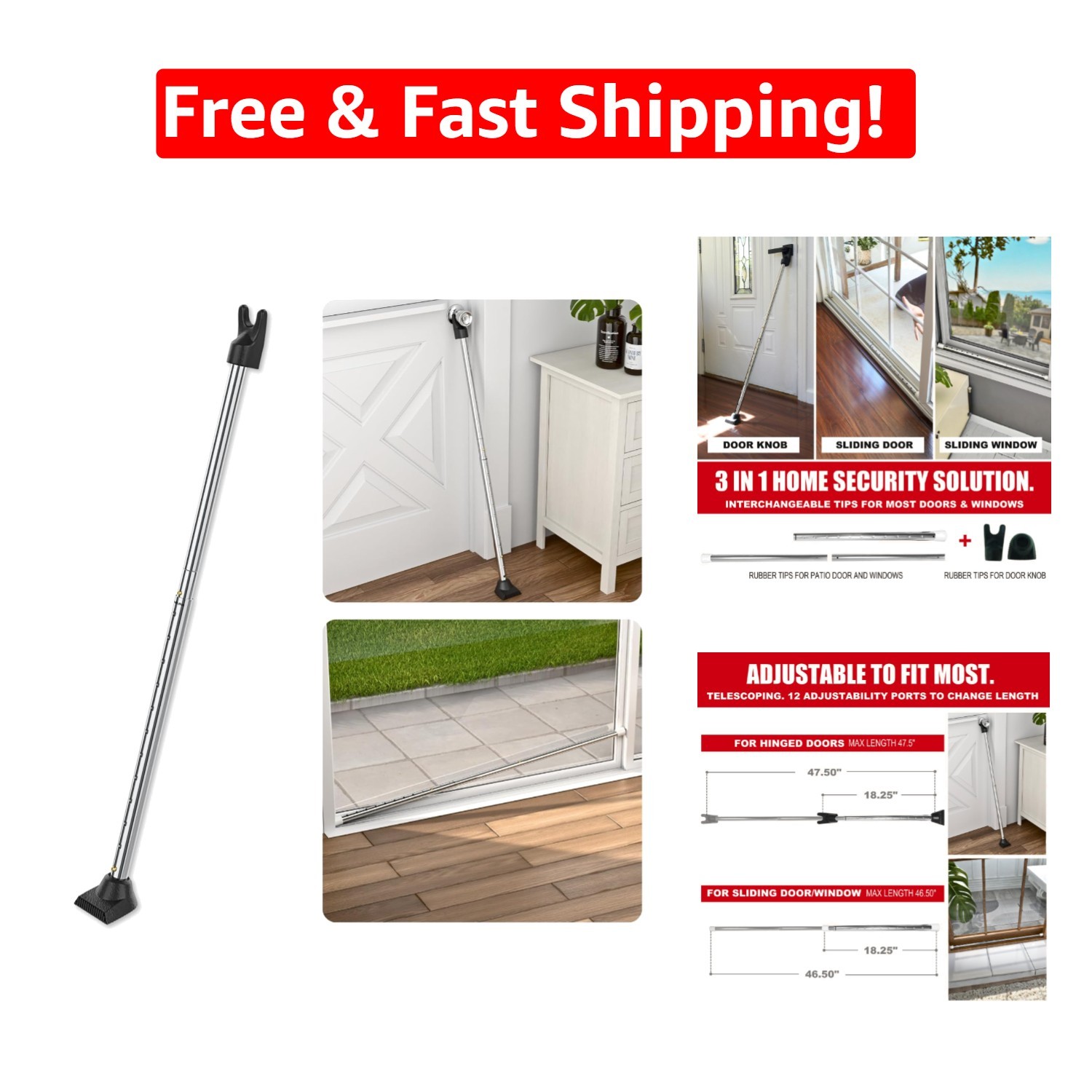 Heavy Duty Chrome Door Security Bar - Adjustable 3-in-1 Design for Travel Safety