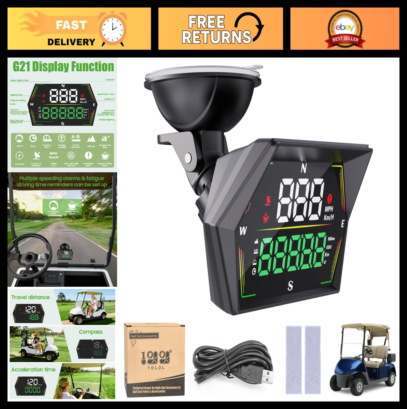 Universal Golf Cart GPS Speedometer - HUD Digital Display, MPH/KMH, Compass, Ove