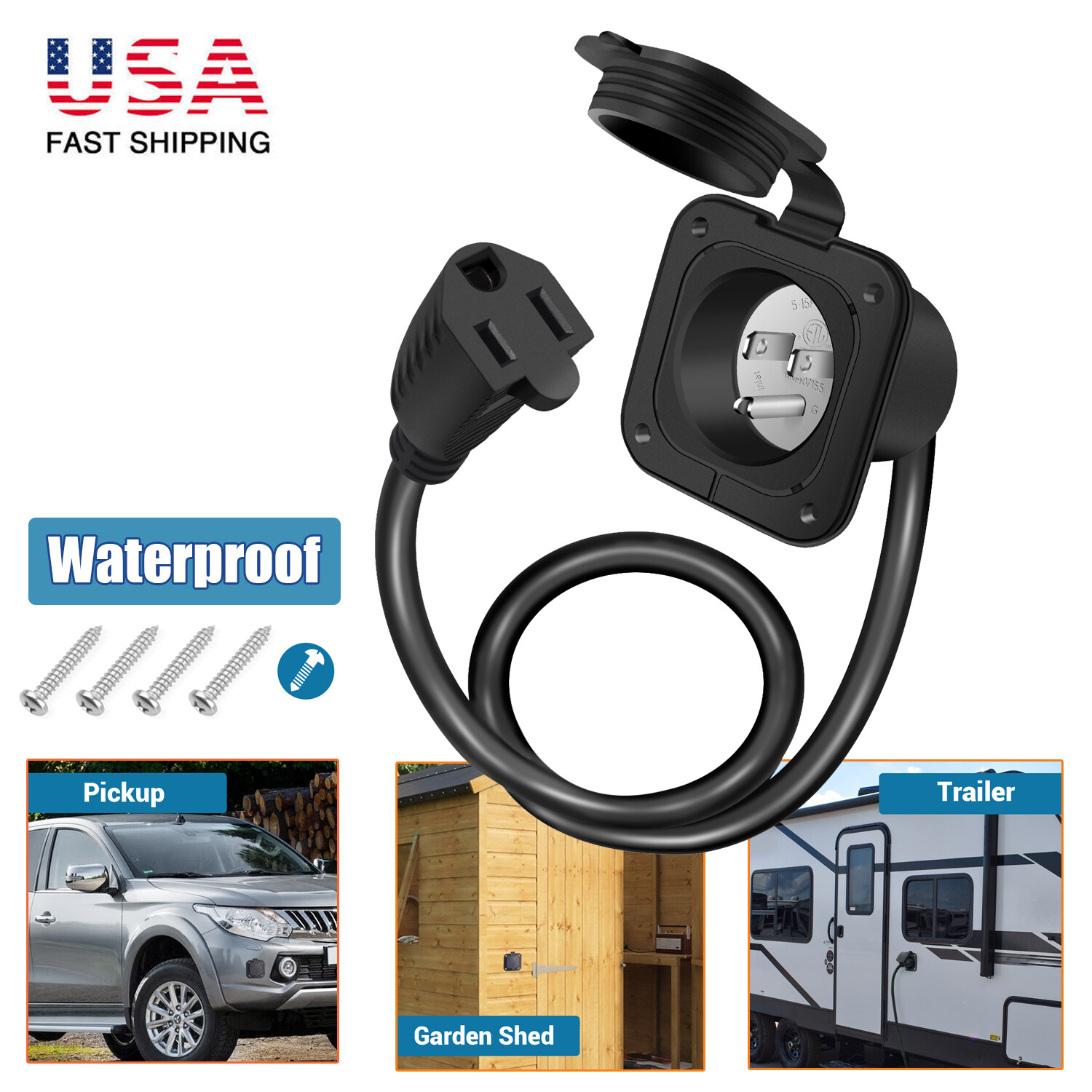 Trailer 15A 110 120V Ac RV Marine Power Flanged Inlet Port Plug + 18" Cord