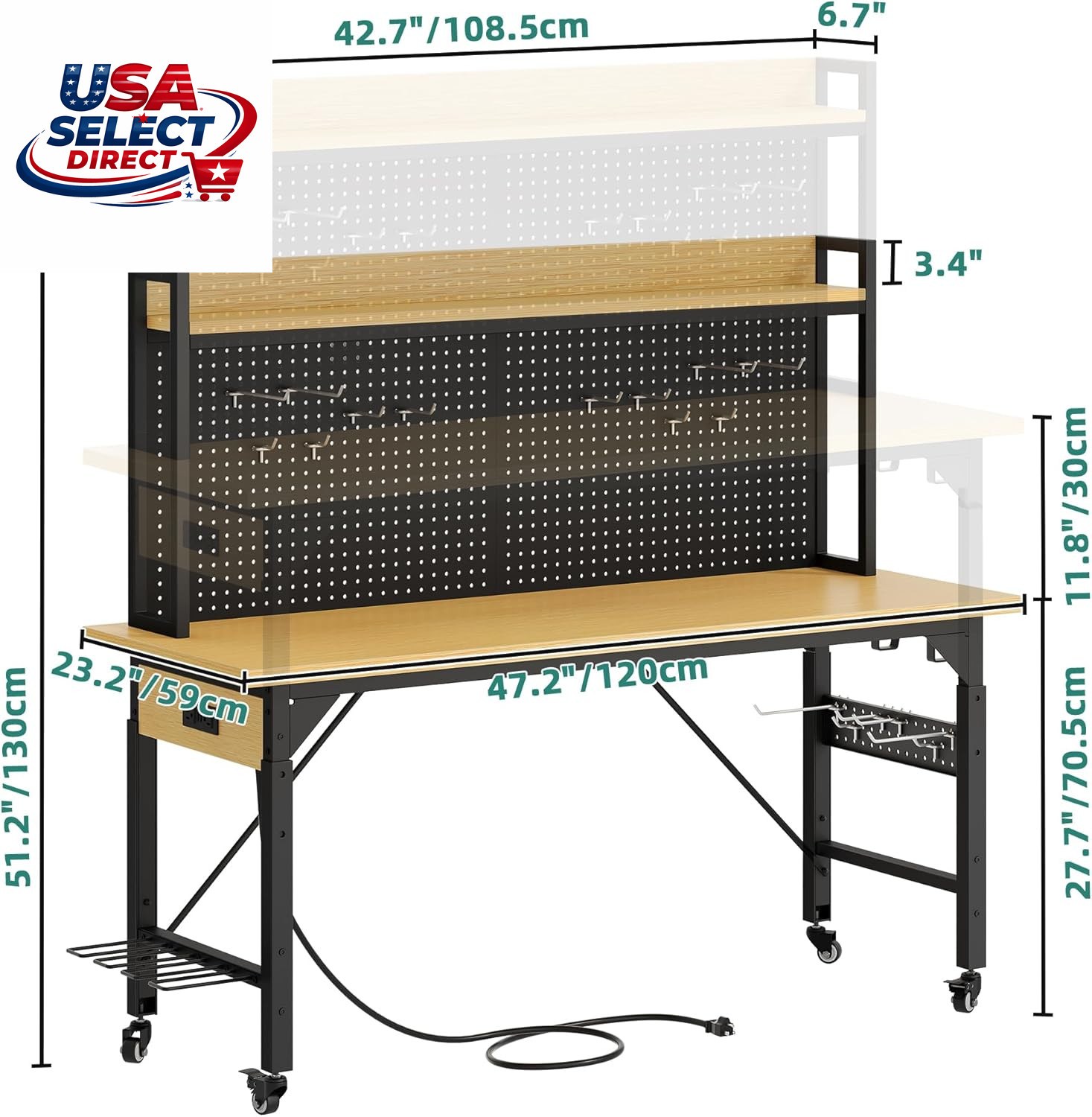 48" Adjustable Workbench with Pegboard, Wheels, 1600 LB Capacity