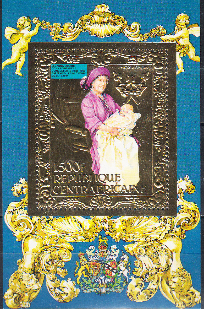 W CENTRAL AFRICA 0751B QUEEN MOTHER 85TH ANNIVERSARY PERFORATED GOLD FOIL SS