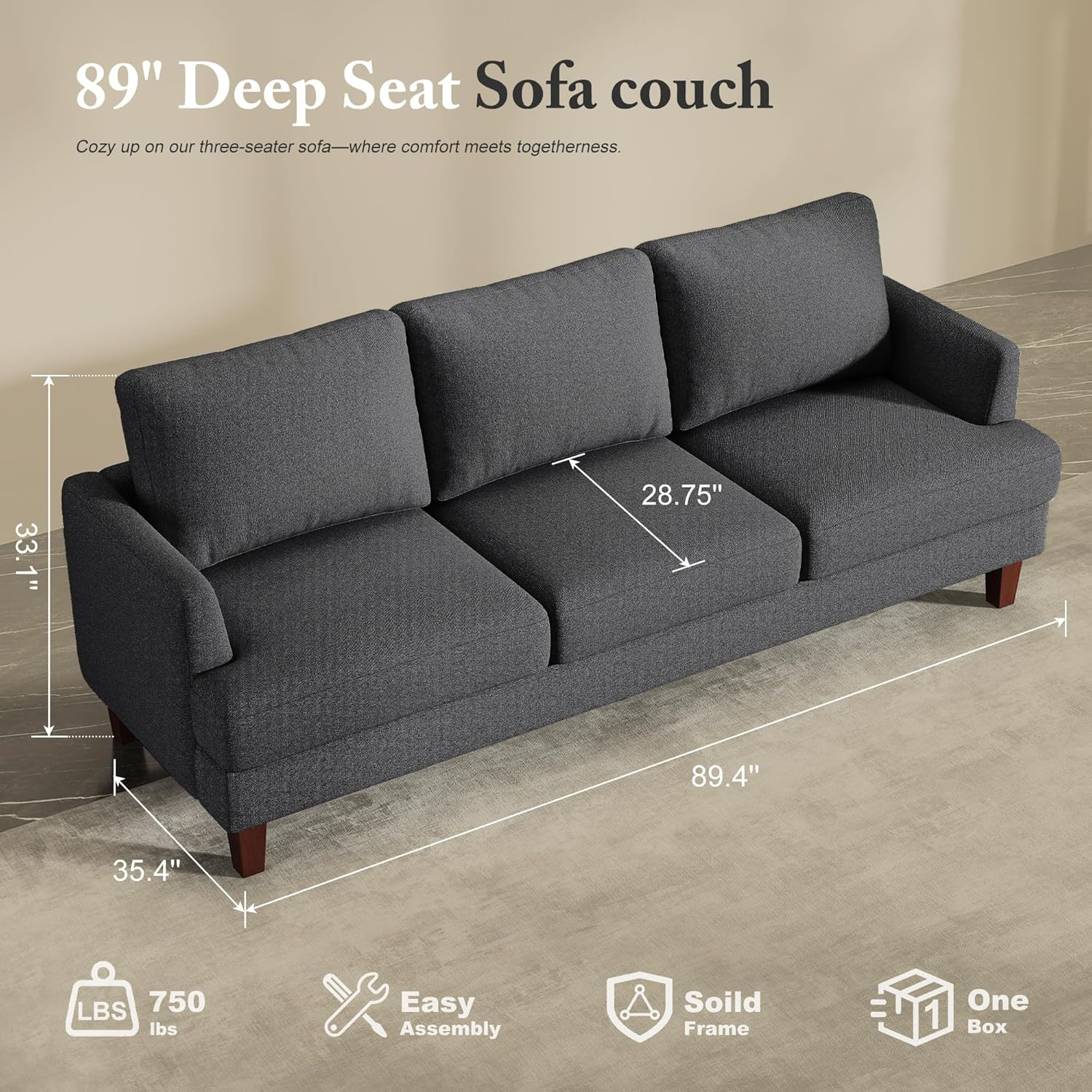 3 Seater Sofa Couch with Deep Seats, 89" Mid Century Modern Upholstered Sofa wit