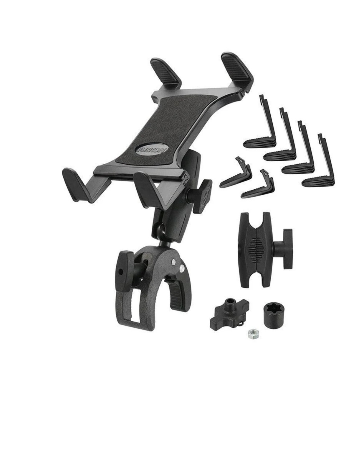 Arkon Slim Grip Tablet Mount w Adjust Mount Arm Plus 2 Clamps and Phone Holder