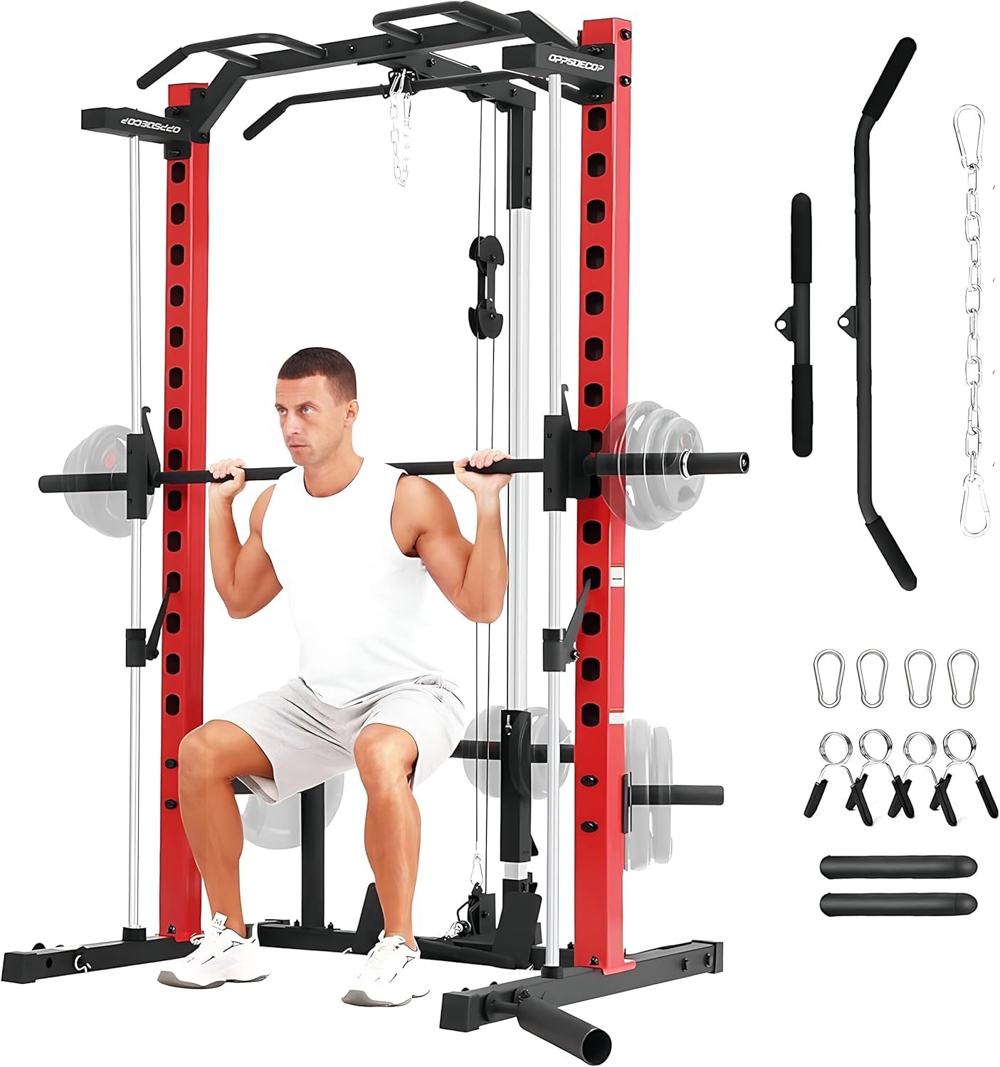 Smith Machine, Multi-Function Power Cage w/ Lat Pull Down System Workout Machine