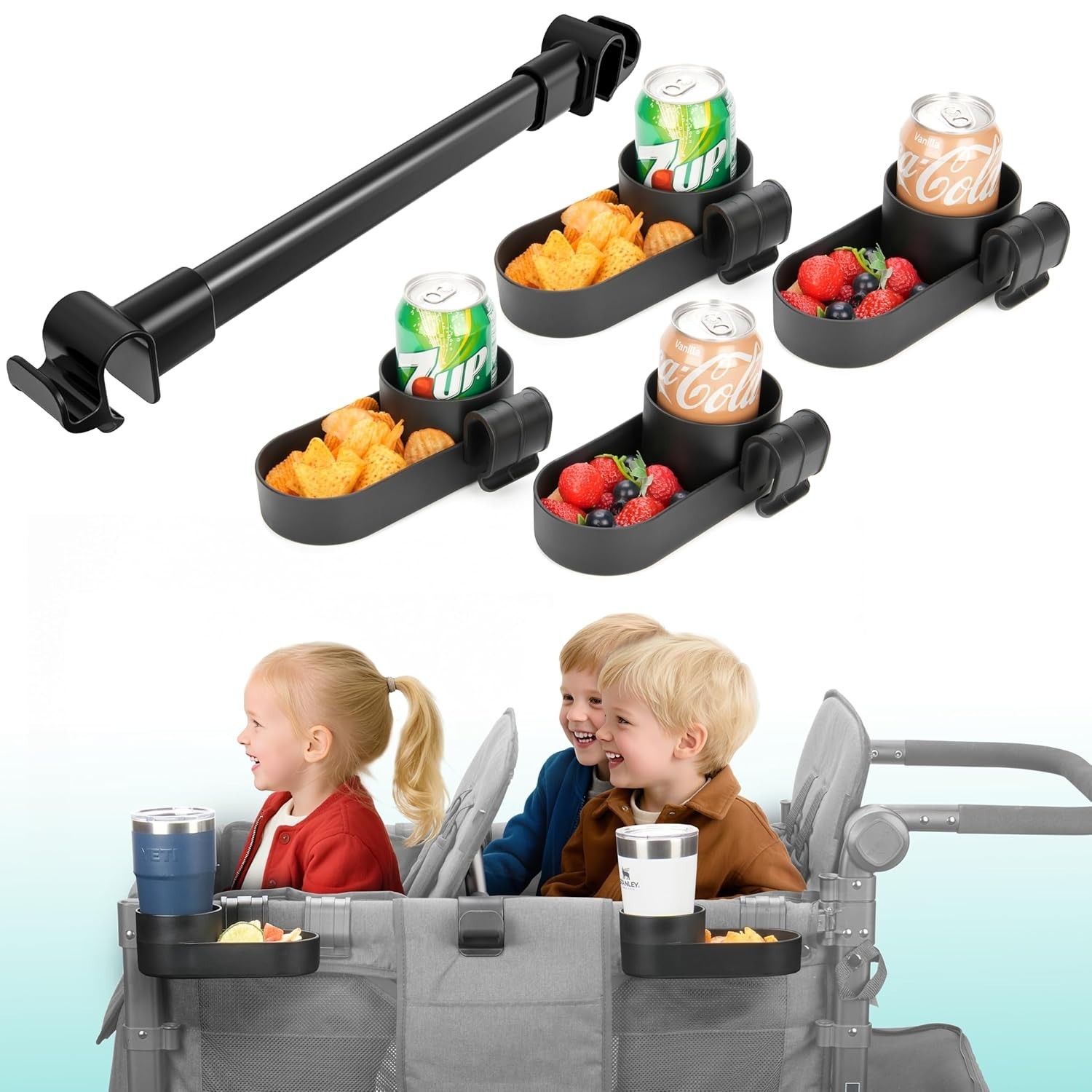 Forward-Facing Support Bar + 4-Pack Stroller Wagon Snack Tray with Spill-Proof C