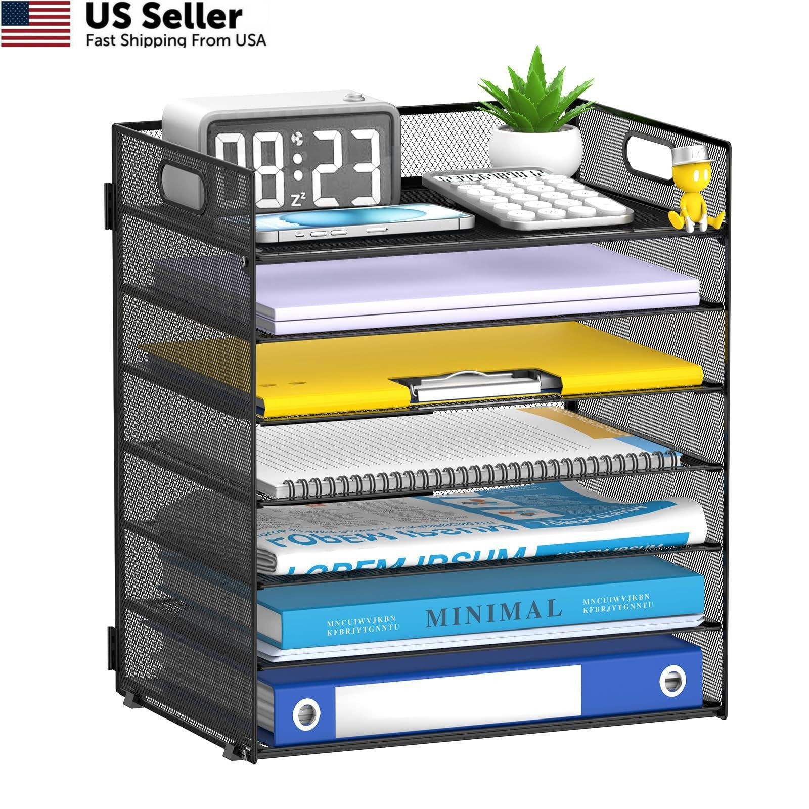 ReePlan 7-Tier Paper Organizer for Desk, Letter Tray with Handle Mesh Black
