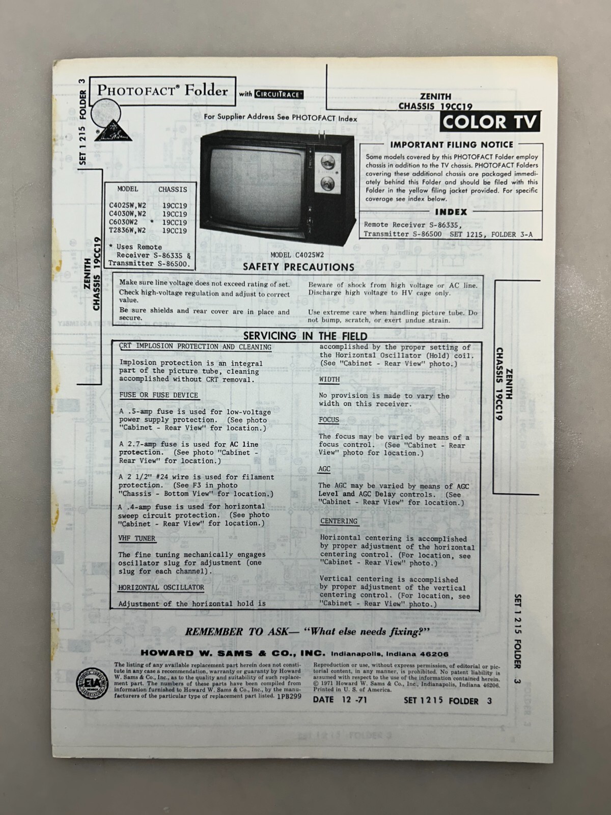 Zenith 19CC19 Service Manual Sams Photofact Free Shipping