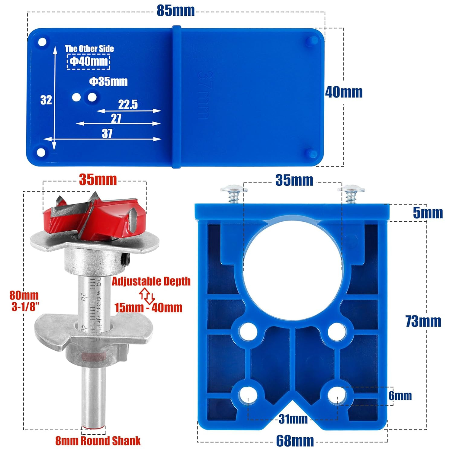 Yakamoz 35Mm Concealed Hinge Jig Kit - Adjustable Depth Carbide Forstner Drill