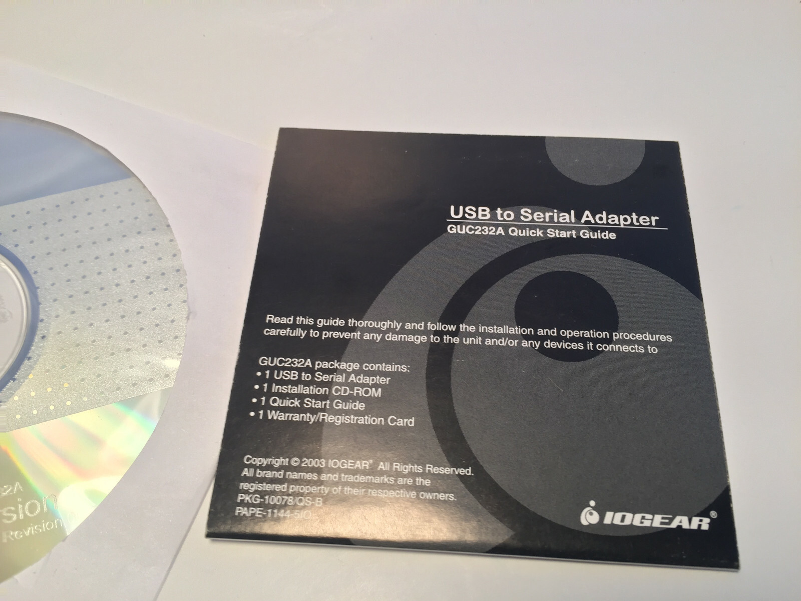 IOGEAR USB to Serial adapter installation CD with GUC232A quick start guide