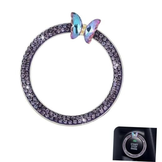 Bling Car Engine Start Stop Decoration Ring, Sparkling Butterfly Car Purple