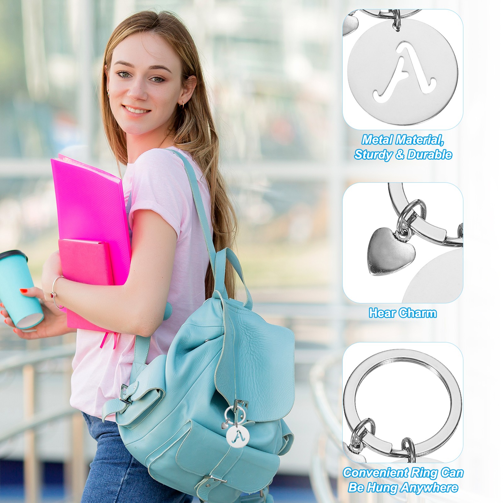 Initial Letter KeyChain, Disc Letter A-Z Heart Charm Keyring, Silver (P)