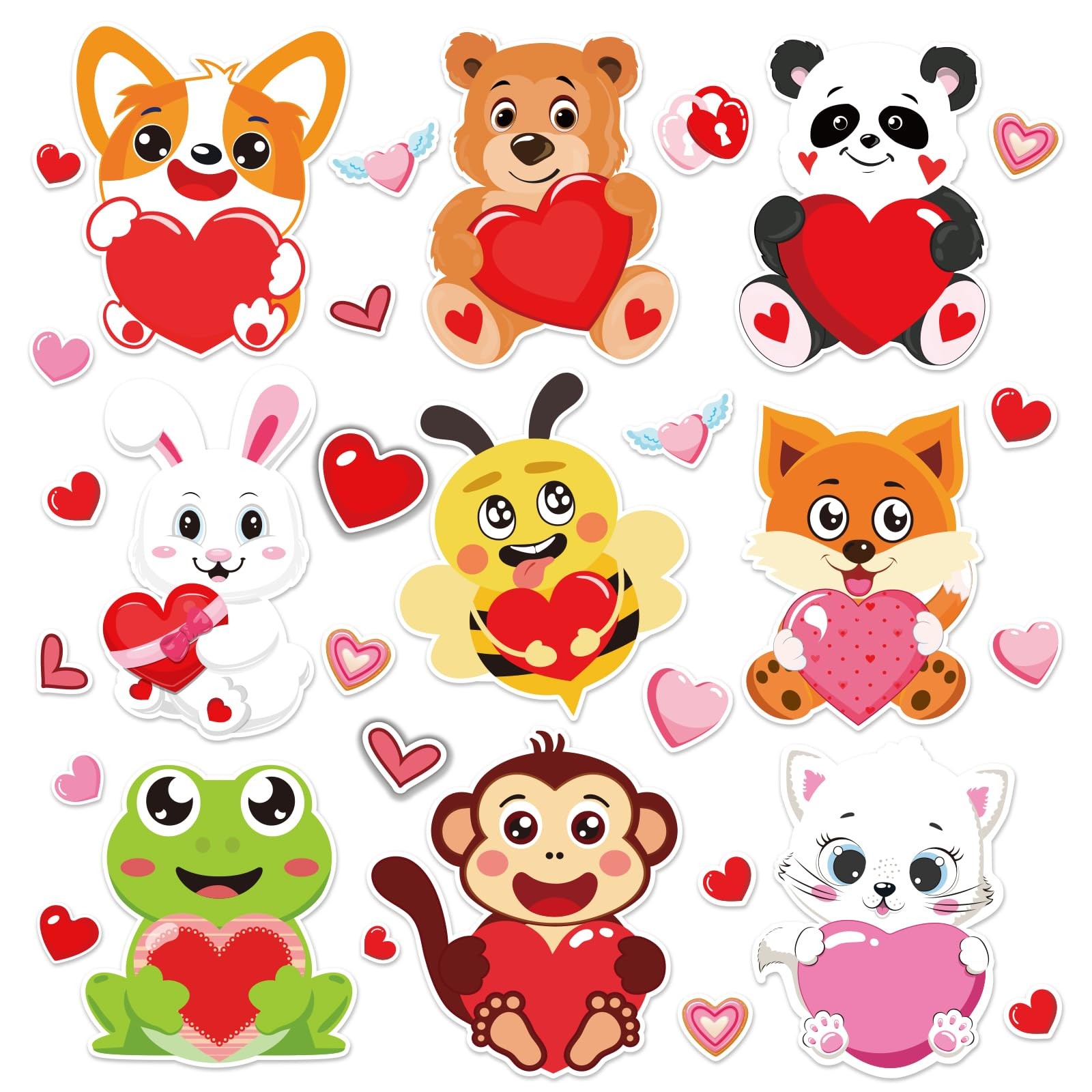 51Pcs Valentine's Day Paper Cut-Outs with Glue Points Lovely Animals Heart Shape