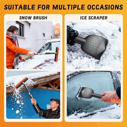 45" Extendable Snow Brush & Ice Scraper for Car Windshield, 360° Pivot Head, Sil