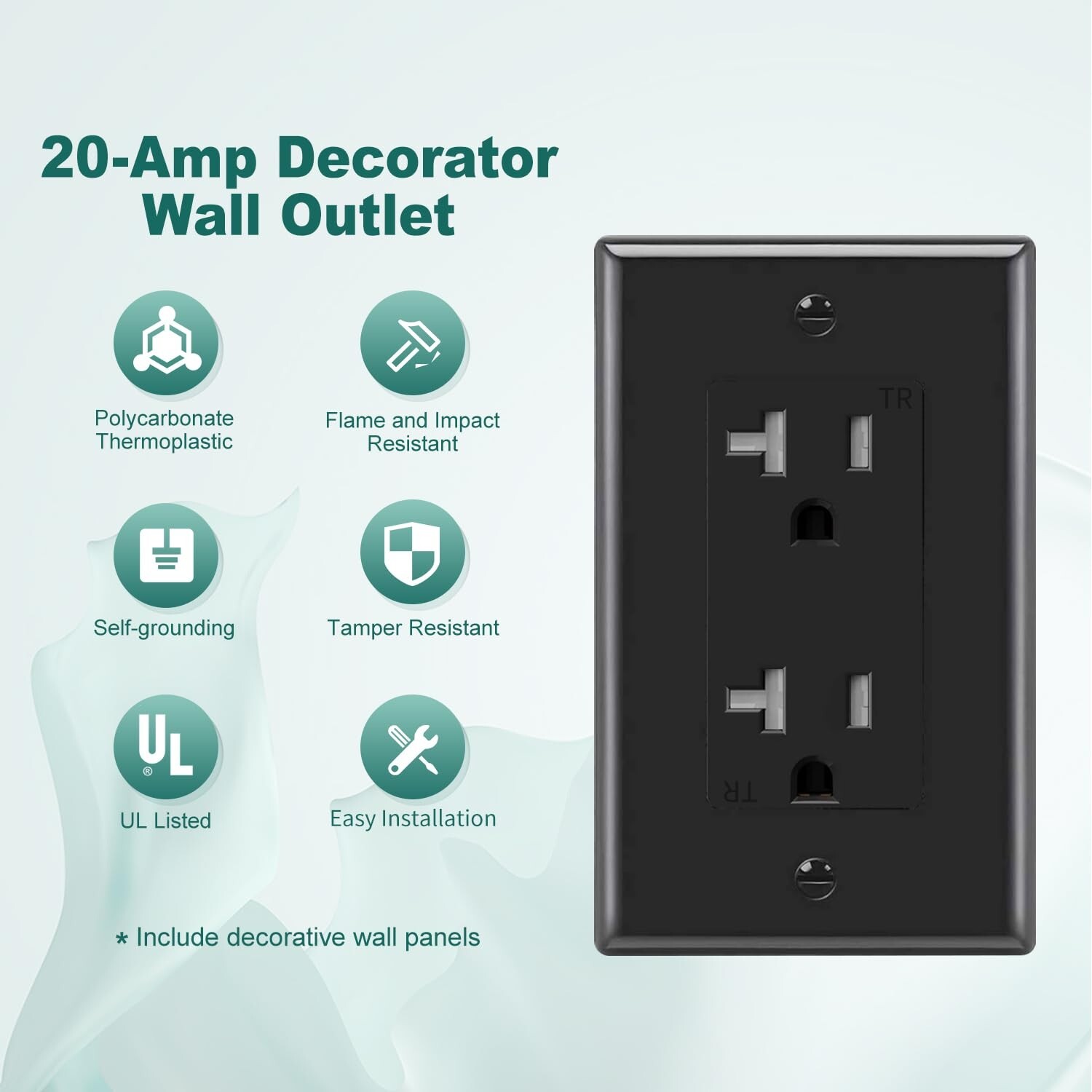 50Pack Black Outlet Socket, Decora Duplex Receptacle, 20 Amp 125 Volt With Plate