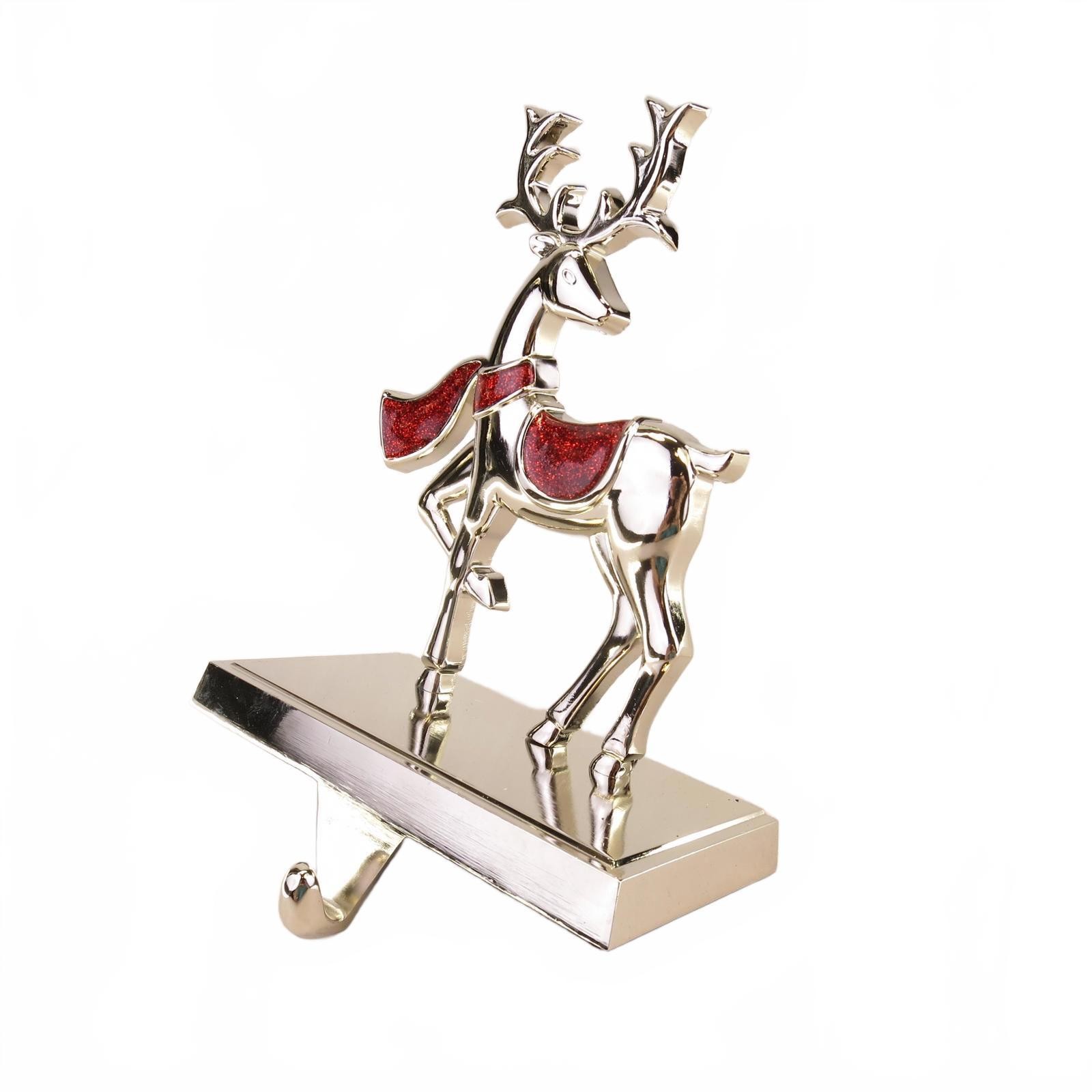 Vintage Enamel on Metal Christmas Reindeer in Red Glitter Scarf Stocking Holder