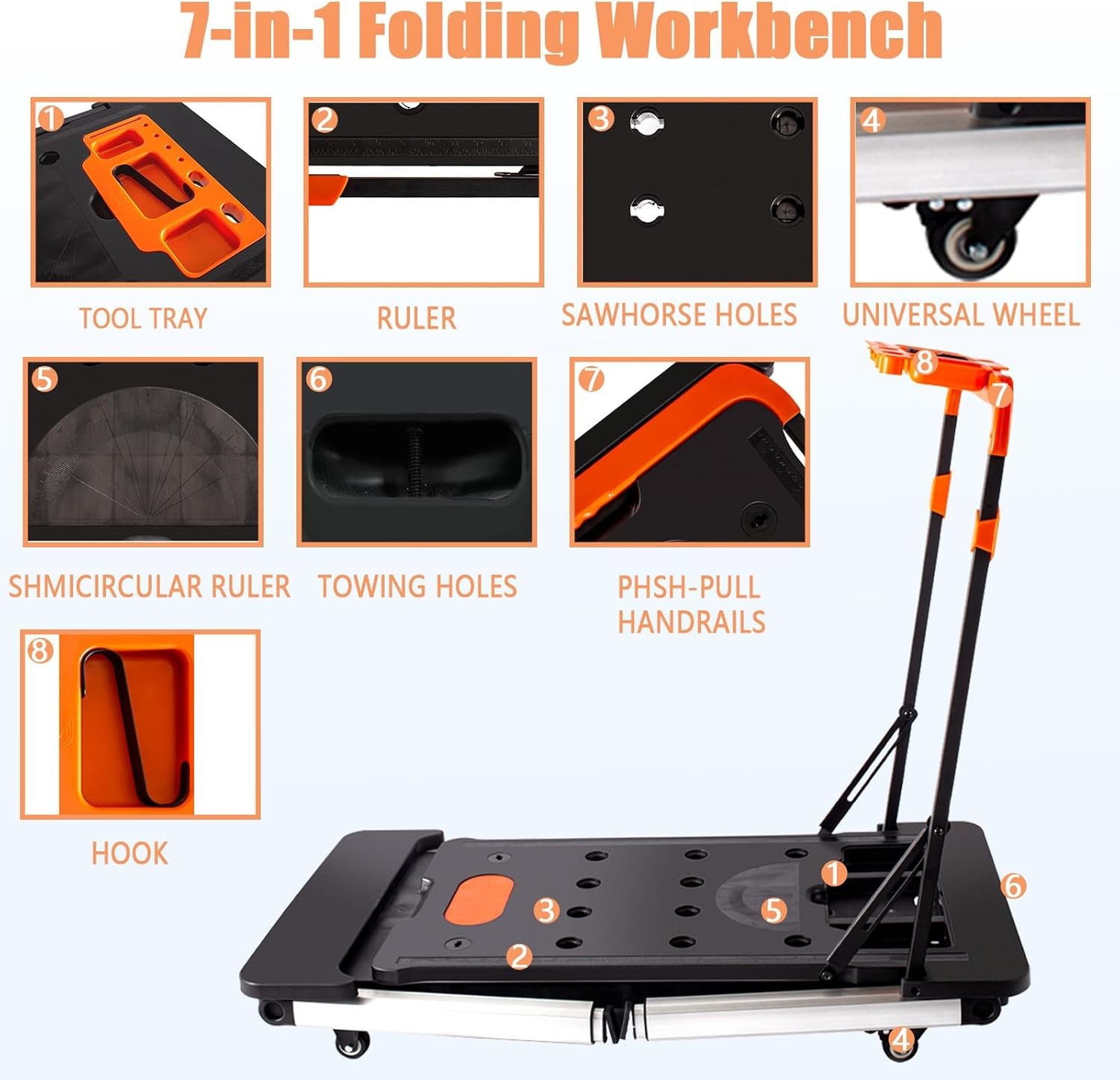 TECSPACE 7 in 1 Black Portable Multifunctional Workbench, Folding Work Table