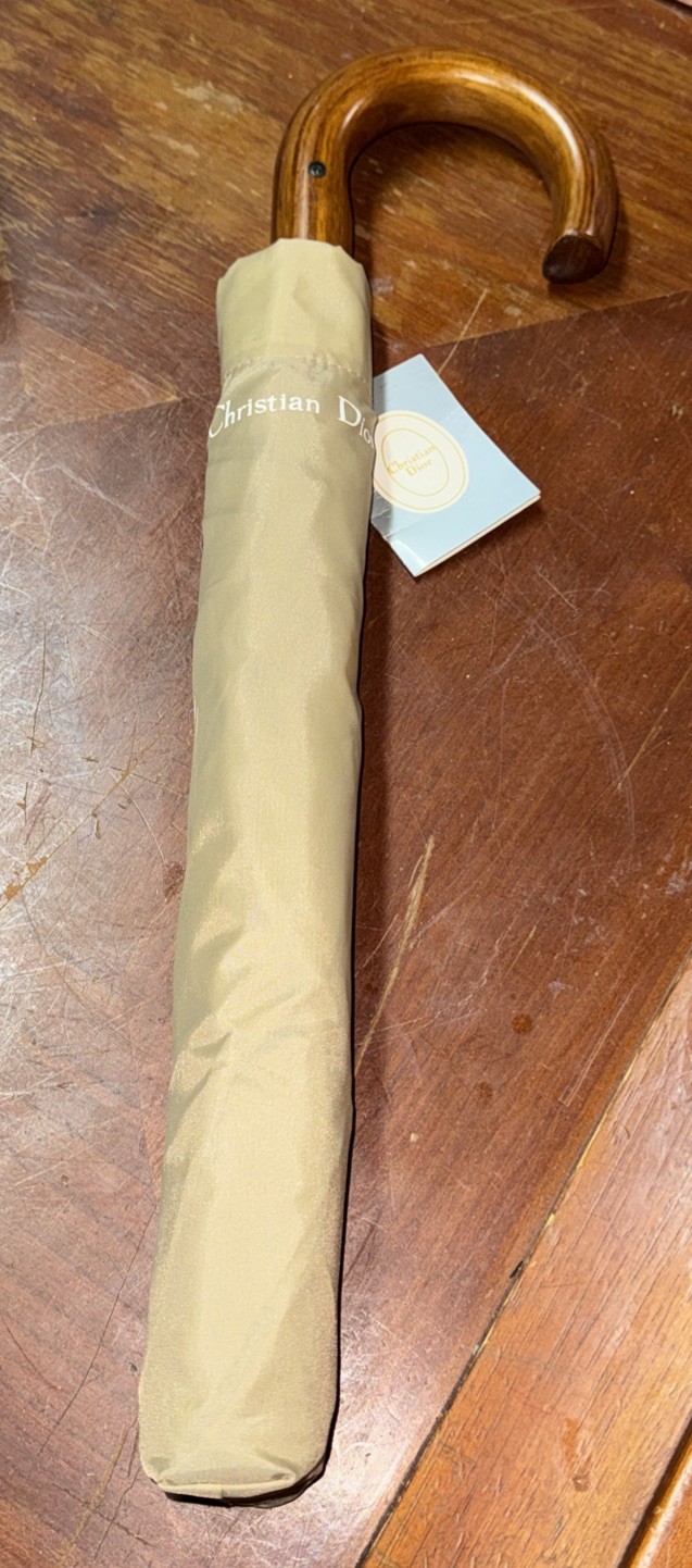 Christian Dior Umbrella Wooden Handle Gold Beige Folding Compact New W/ Tags