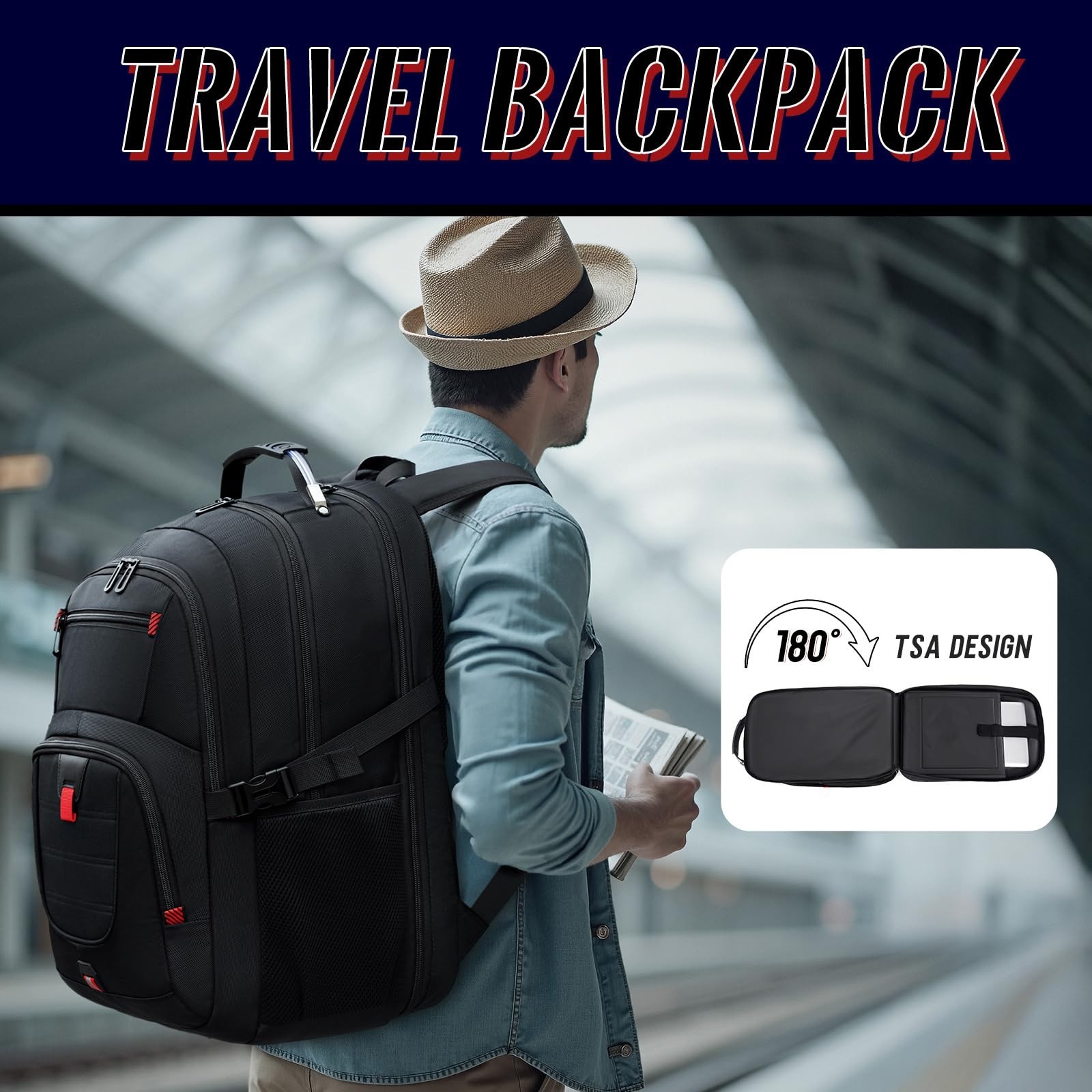 Extra Large TSA Friendly Travel Laptop Backpack for Men, Fits 17" Computer, Blac