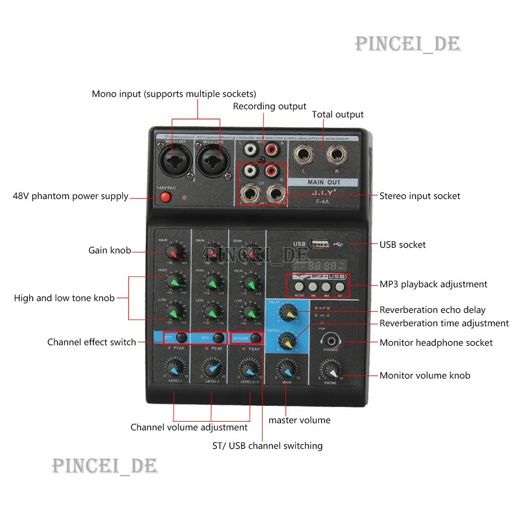 Bluetooth 4-way Tuning Table USB Audio DJ Mixer Perform Live Singing Recording