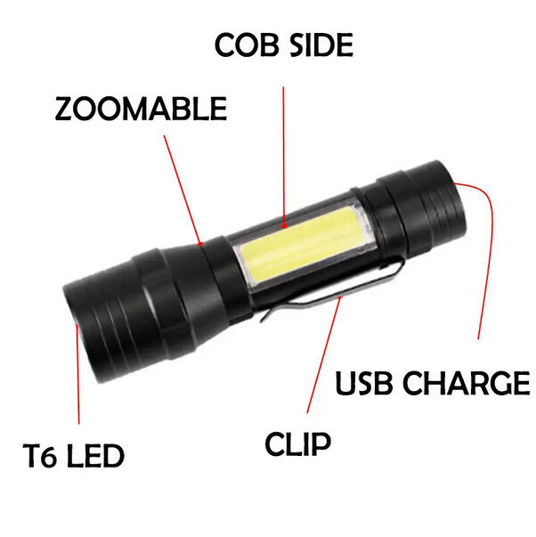 Mini LED Flashlight Black USB Rechargeable Handtool lamp Camping Tourch Lantern