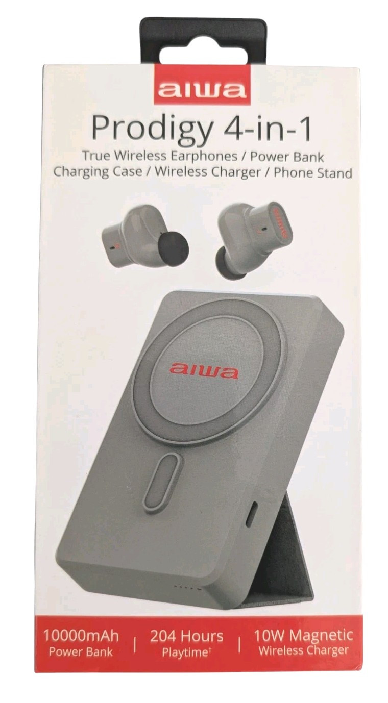 AIWA Prodigy 4-in-1 Wireless Earbuds,  10,000 mgh Powerbank, Phone Stand-Gray