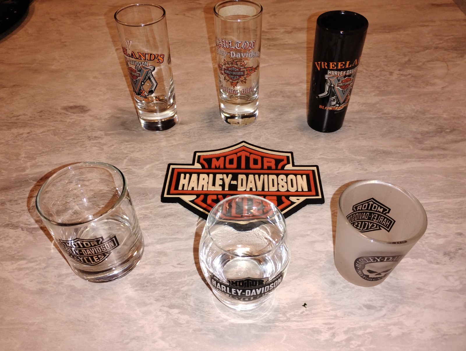 harley davidson shot glass and rubber coaster