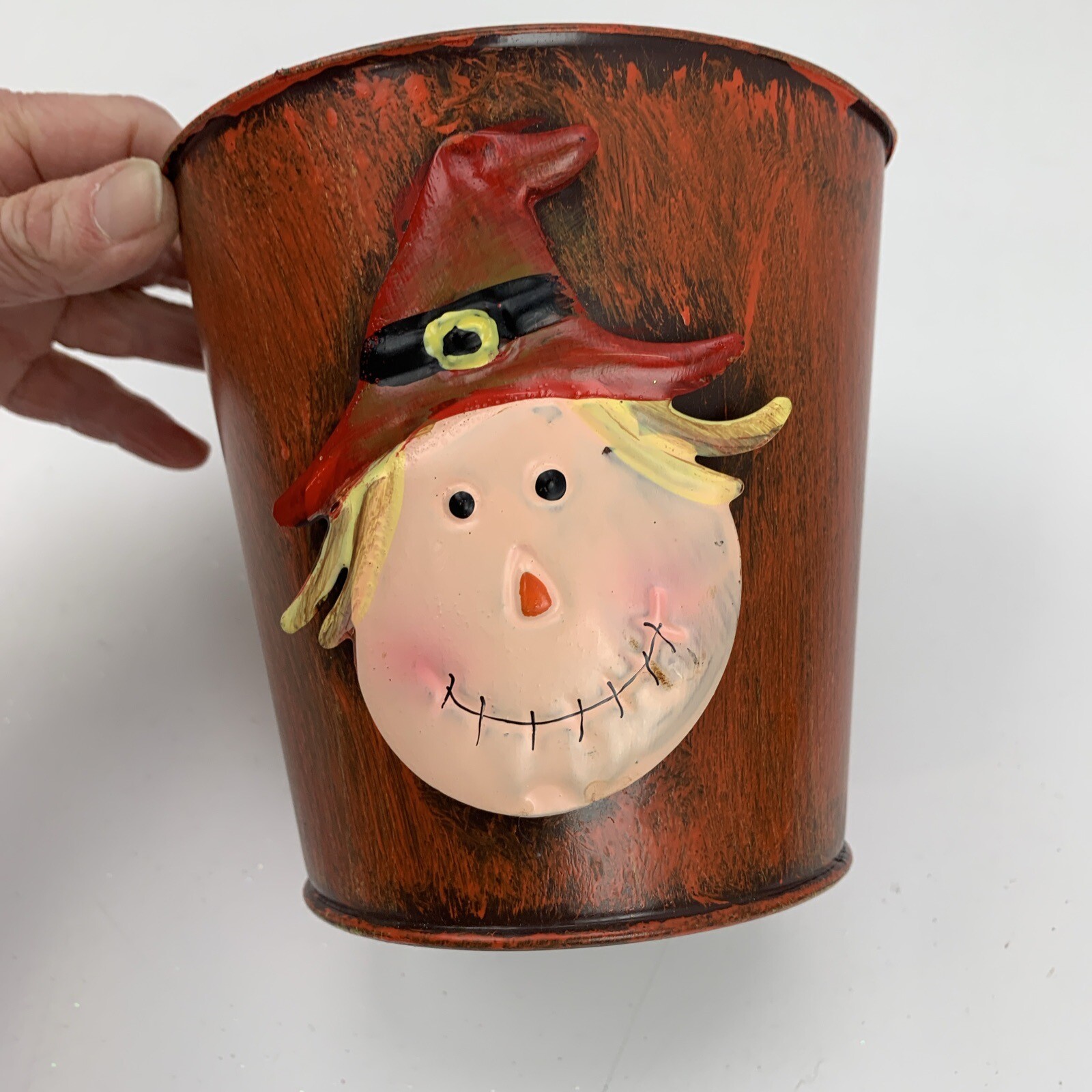 Scarecrow Halloween Tin Planter 5" Bucket