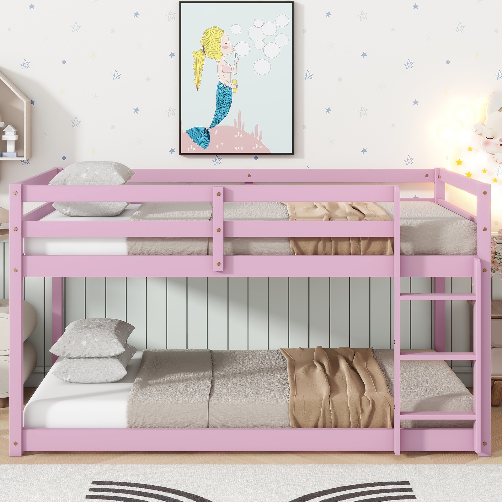 Twin over Twin Pink Bunk Bed w/ Ladder, Solid Rubberwood Frame