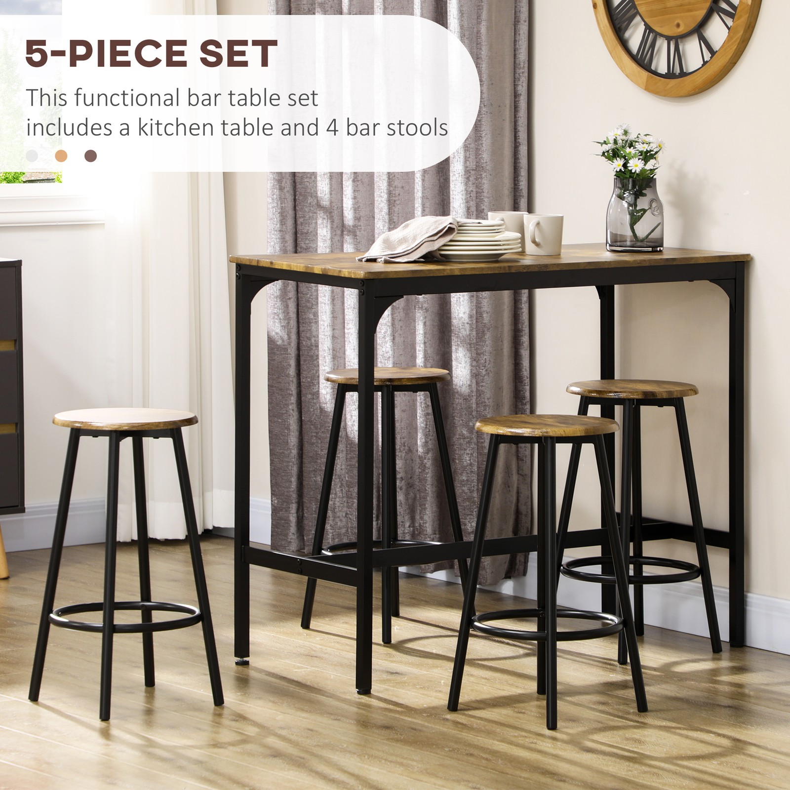HOMCOM 5-Piece Bar Table and Chairs Set with Metal Frame for Dining Room