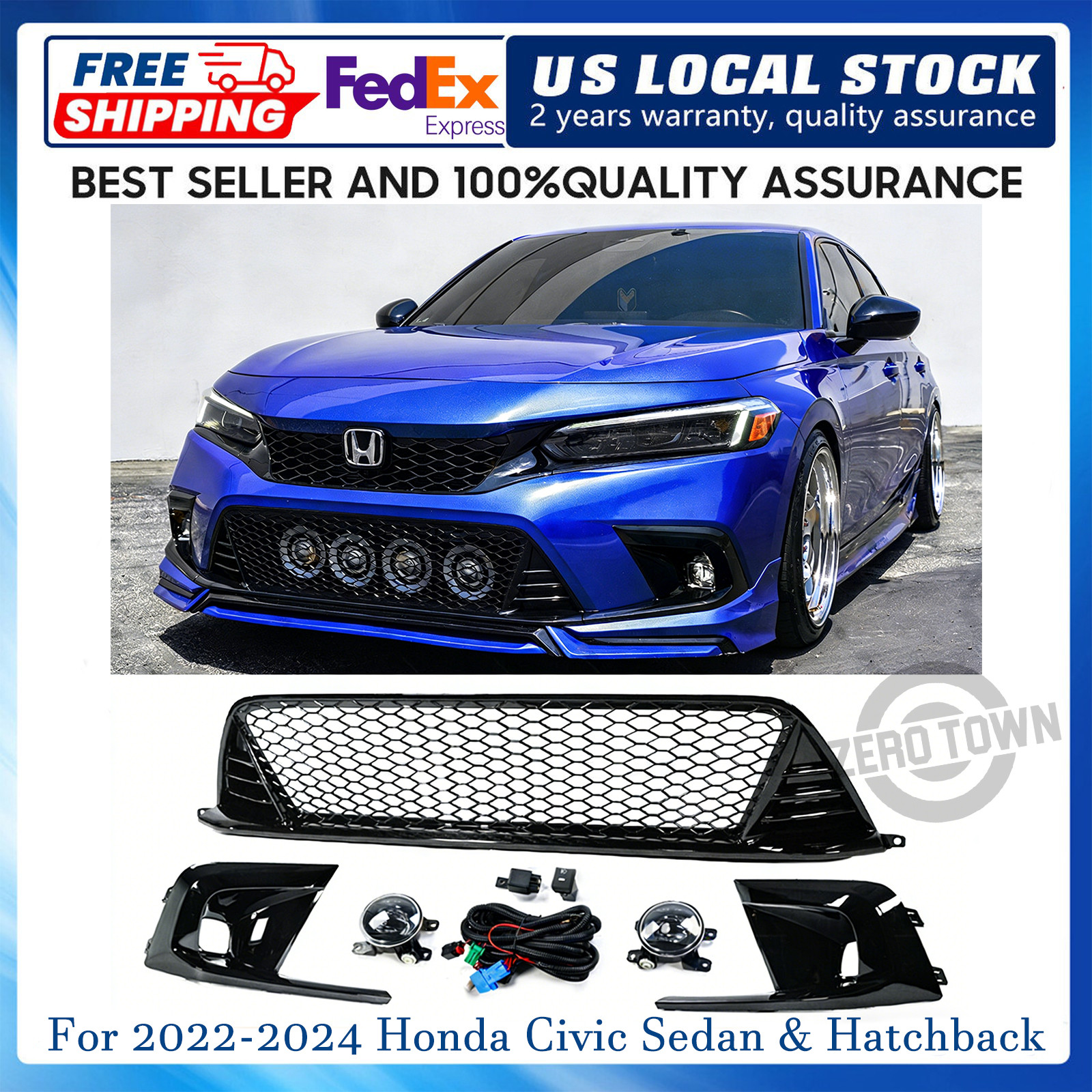 For 2022-24 Civic Gloss Black TYPE-R STYLE Front Lower Grill + LED Fog Lens Kit