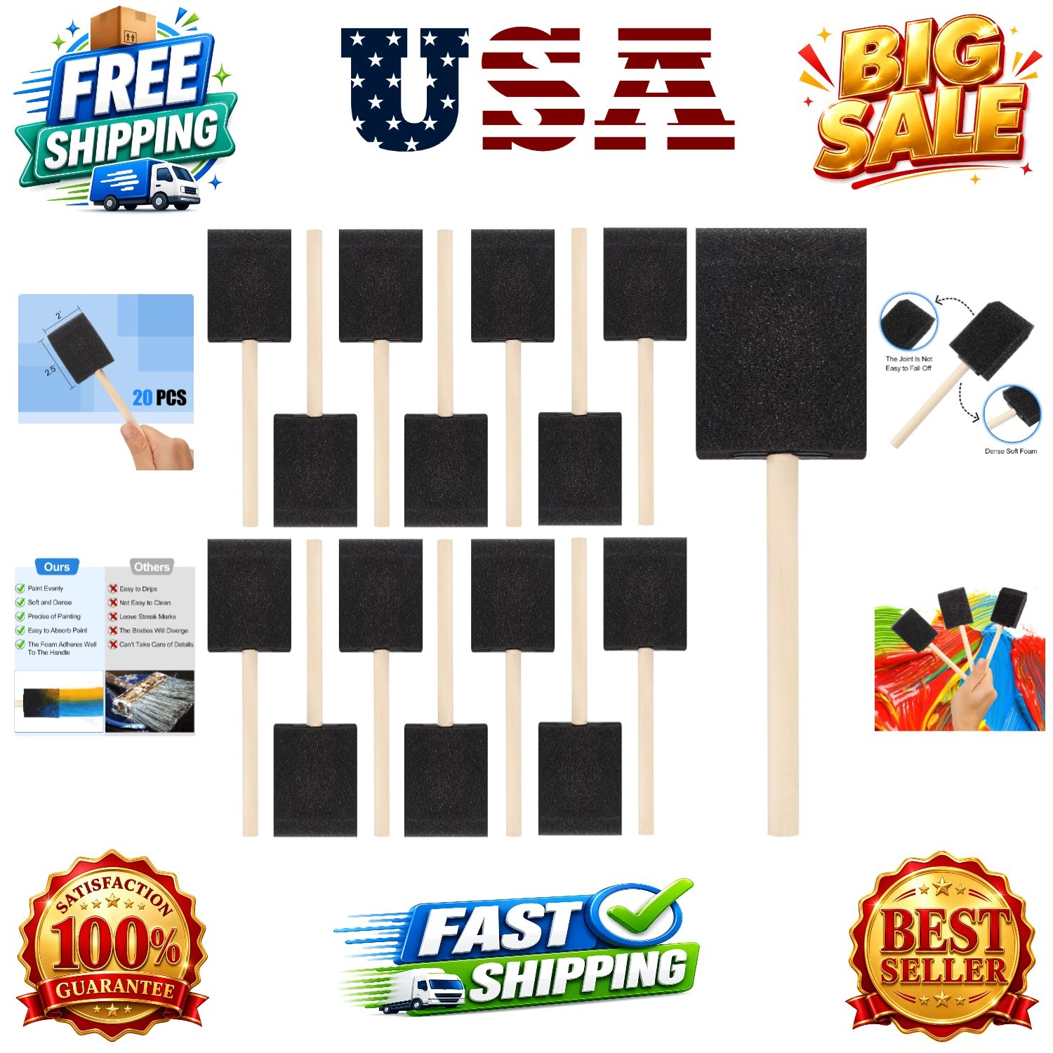 20 Pcs Foam Paint Brushes, 2 Inch Wood Handle Sponge Brushes for Painting, Fo...