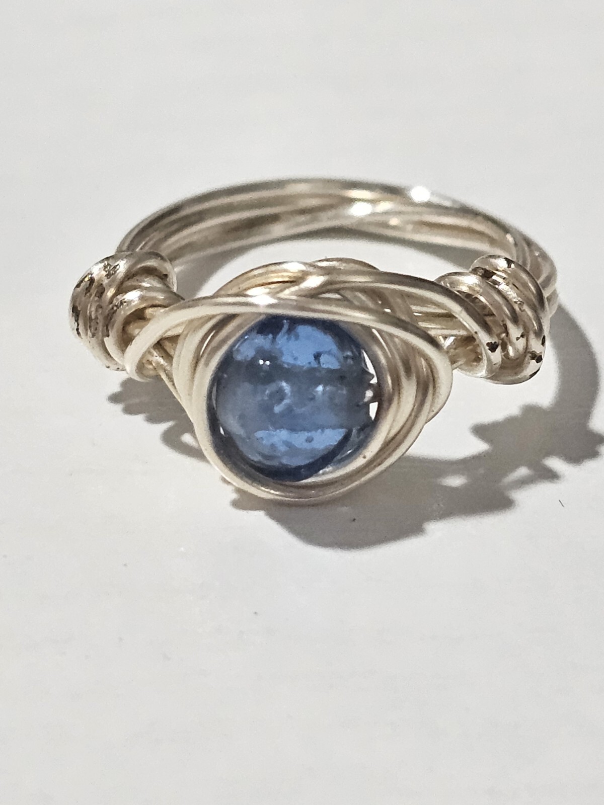 Handmade Womens Blue Bead Silvertone Wire Wrapped Ring