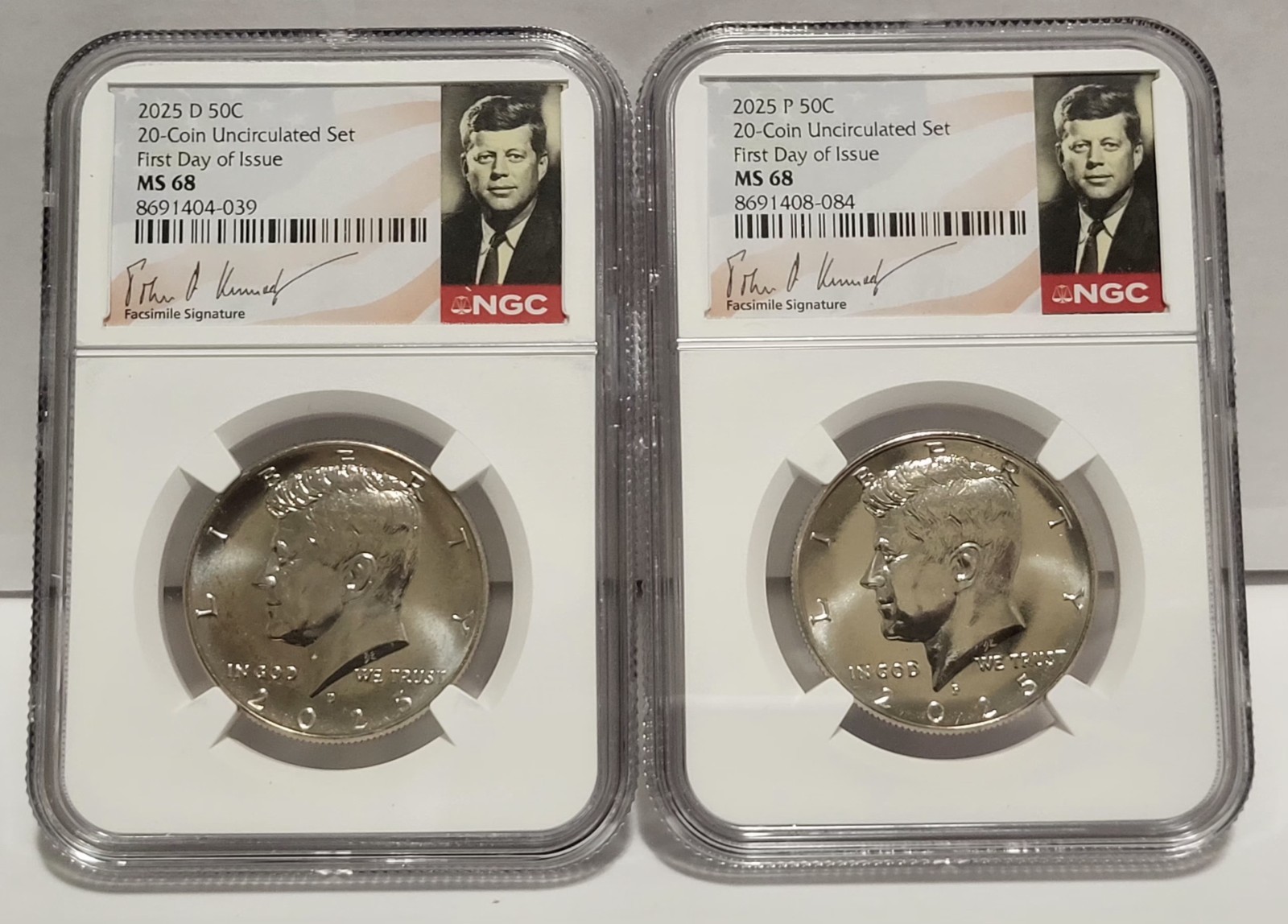 2025 P & D KENNEDY NGC MS68 HALF DOLLAR 2 COIN Uncirculated SET, (First Day) 50C