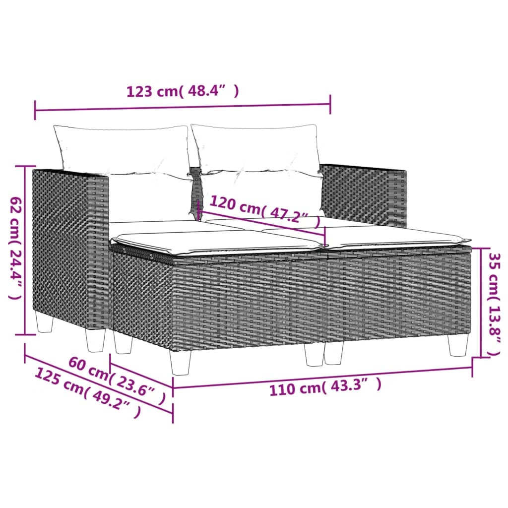 Garden Sofa Black PE rattan, powder-coated steel, 100% polyester