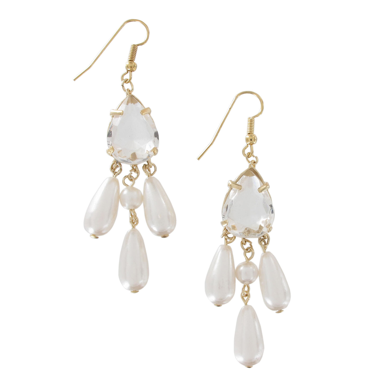 Large White Faux Pearl Rhinestone Teardrop Dangle Chandelier Earrings 2 7/8"